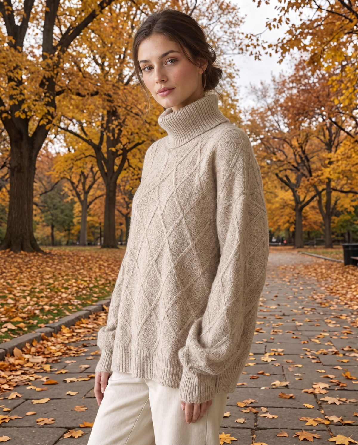 Fairfield Cozy Diamond Knit Oversized Turtleneck Sweater — worn in Central Park in autumn