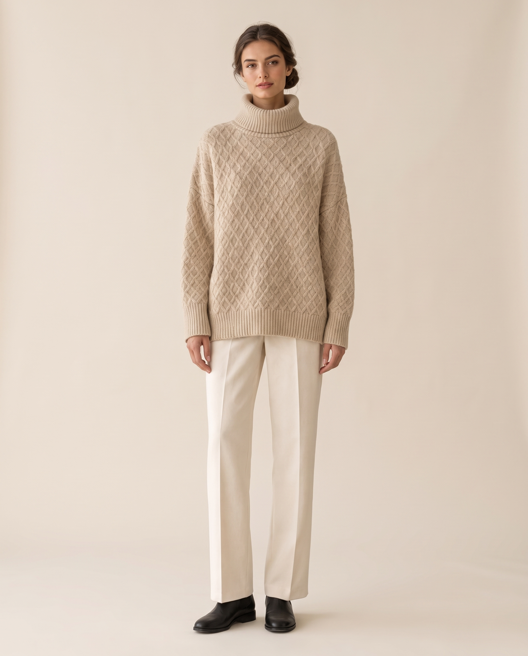 Fairfield Cozy Diamond Knit Oversized Turtleneck Sweater — studio front