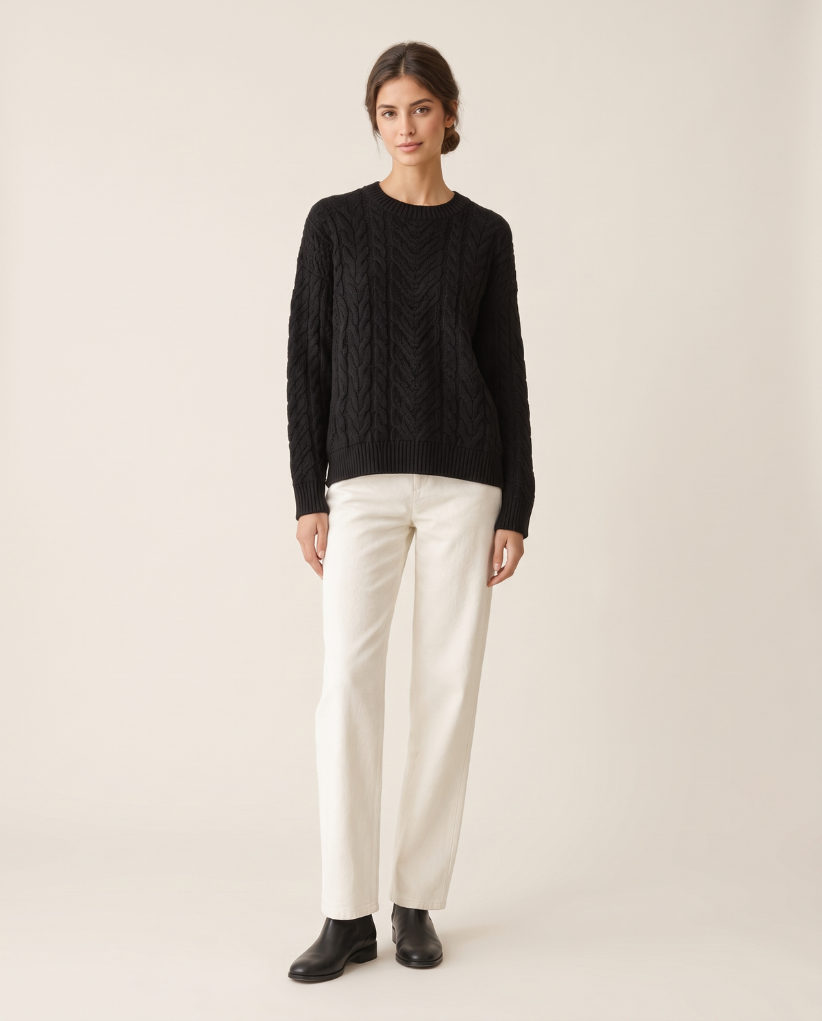 Marettimo Classic Cable Knit Pullover Sweater — black, studio front