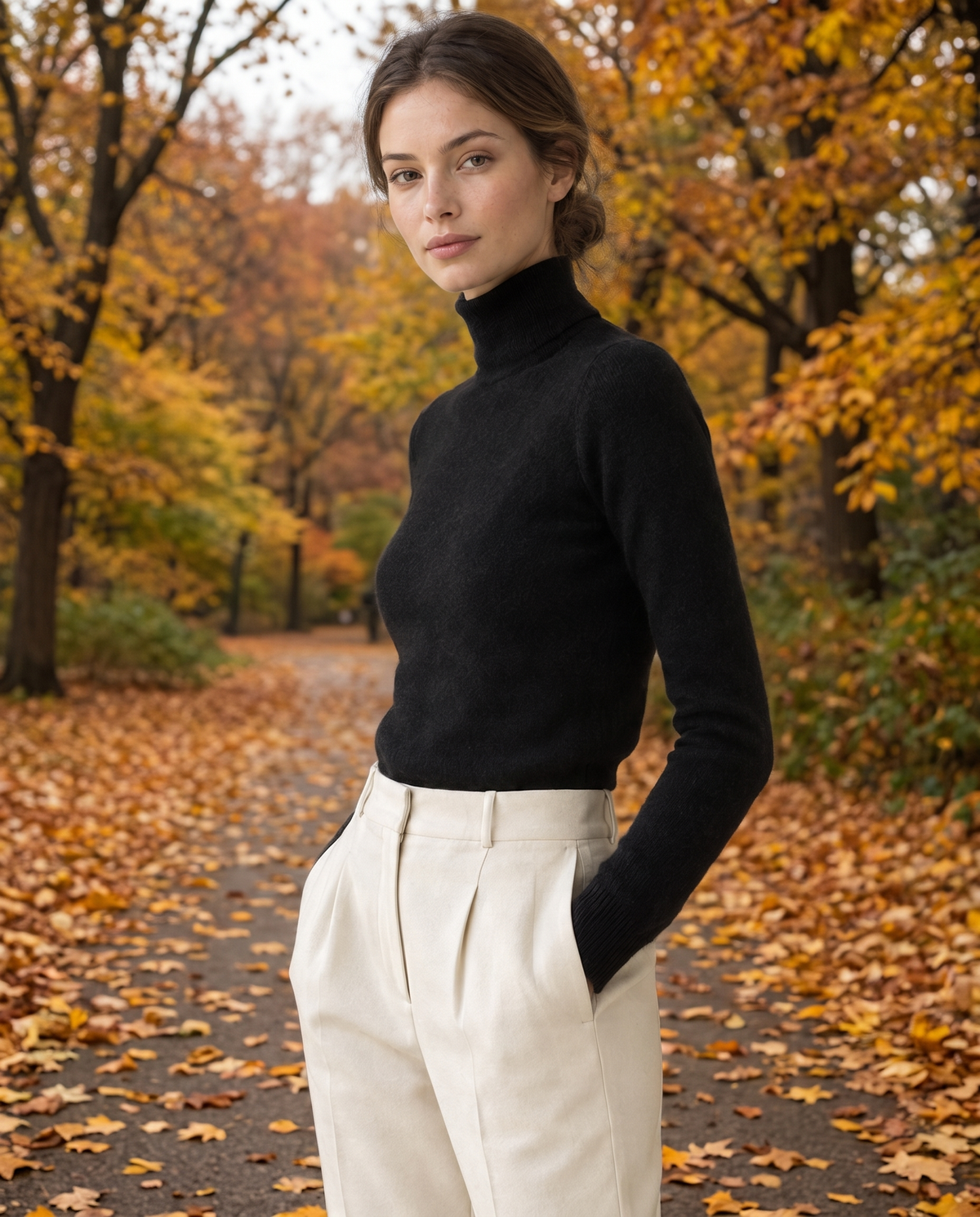 Marylebone Slim-Fit Brushed Knit Turtleneck Sweater — worn in Central Park in autumn