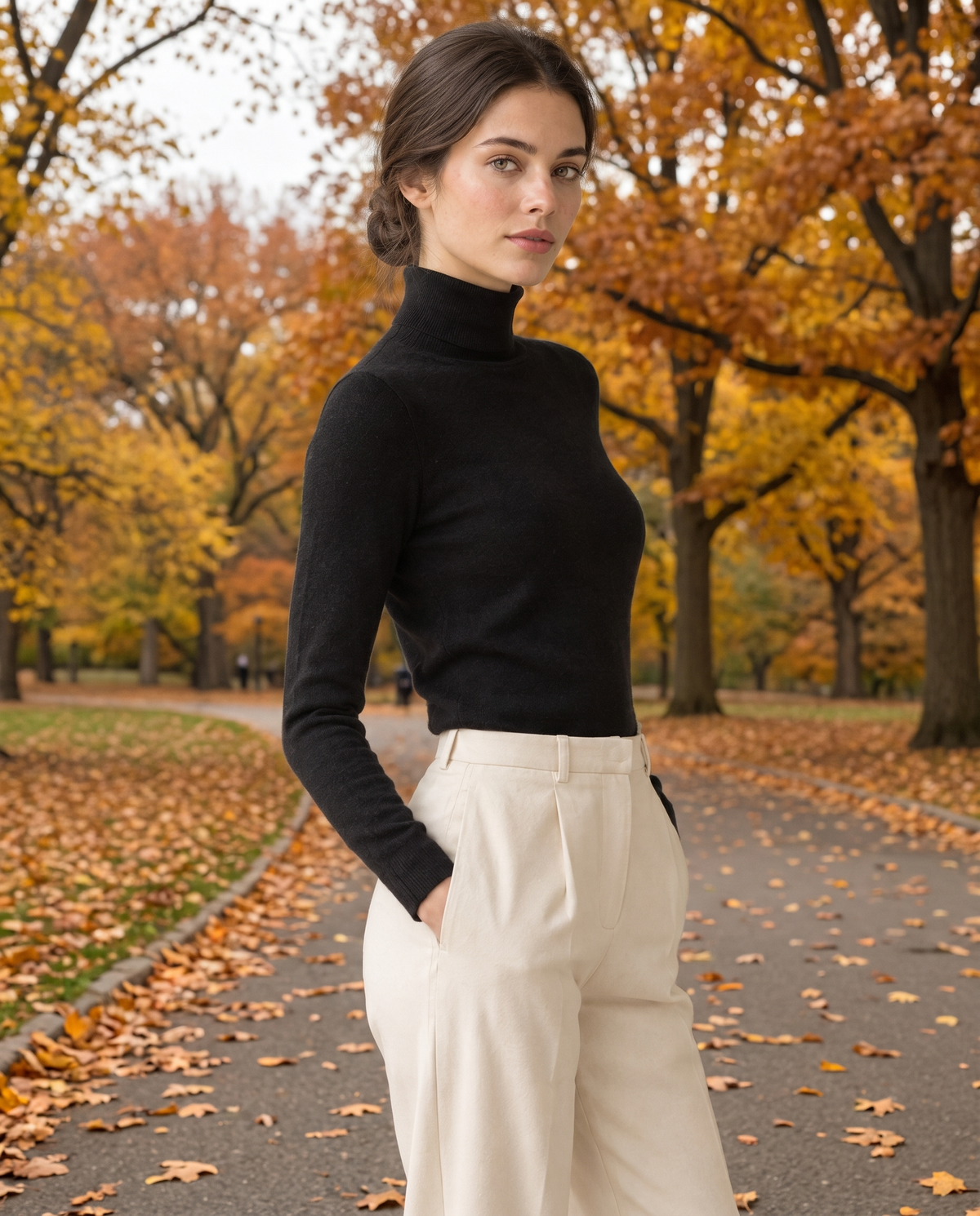 Highline Warm Fleece-Lined Slim Turtleneck Sweater — worn in Central Park in autumn