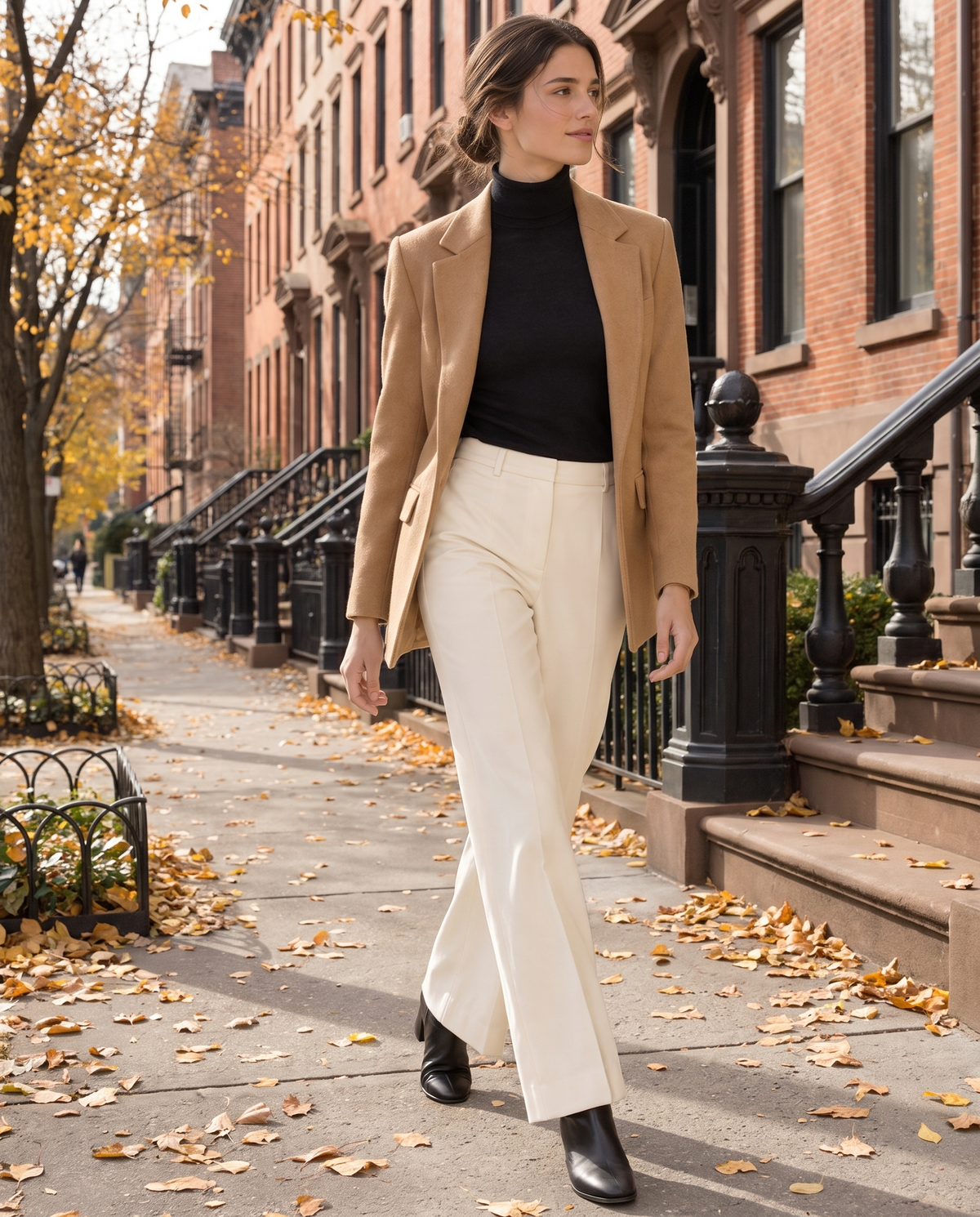 Marylebone Slim-Fit Brushed Knit Turtleneck Sweater — worn on a New York street in autumn
