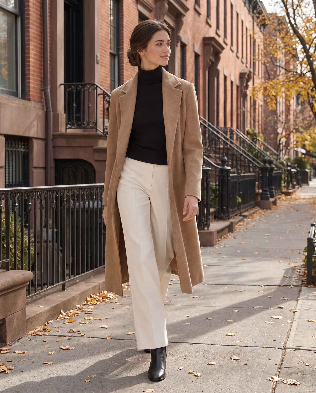 Highline Warm Fleece-Lined Slim Turtleneck Sweater — worn on a New York street in autumn