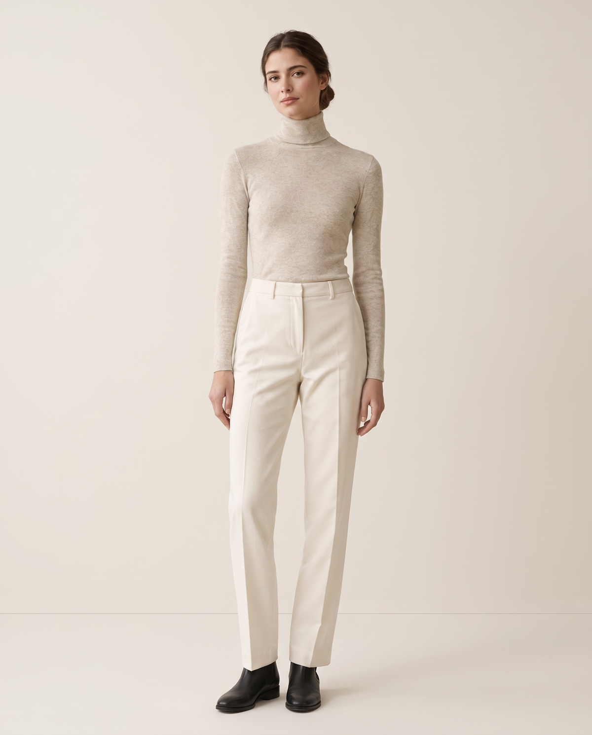 Highline Warm Fleece-Lined Slim Turtleneck Sweater — oatmeal, studio front