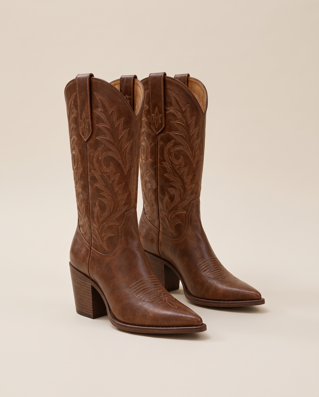 Brown Leather Western Boots with Embroidered Shaft — pair, studio