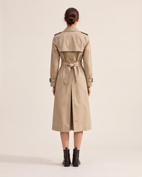Classic Double-Breasted Belted Trench Coat — studio back