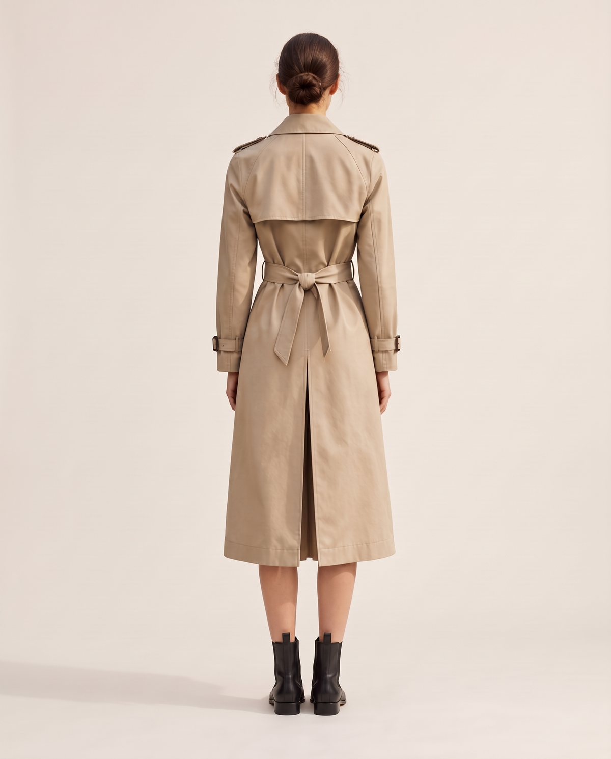 Classic Double-Breasted Belted Trench Coat — studio back