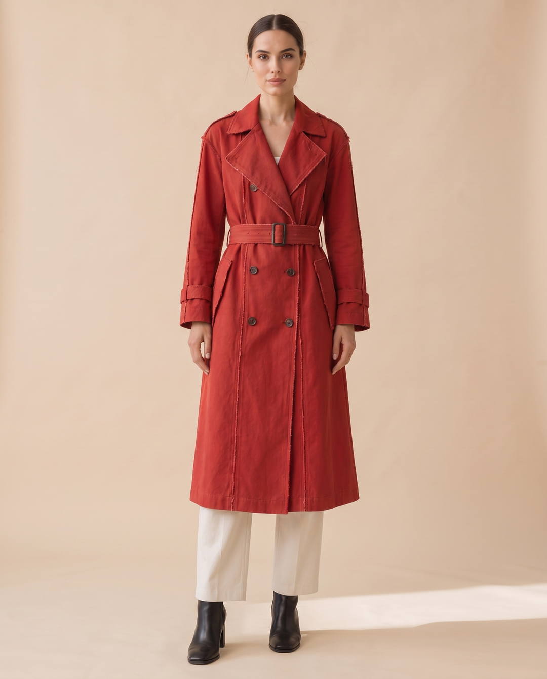 Long Red Trench Coat with Exposed Seams — studio front, belted