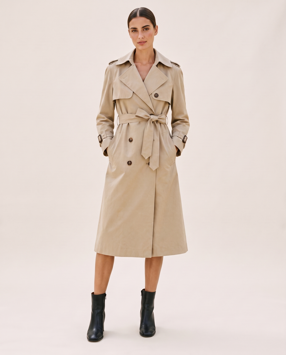 Classic Double-Breasted Belted Trench Coat — studio front, belted