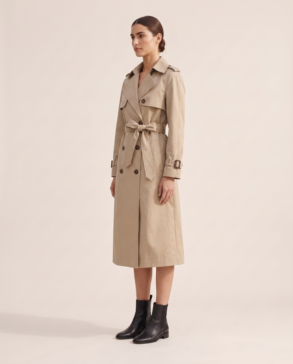 Classic Double-Breasted Belted Trench Coat — three-quarter view