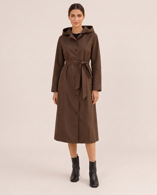 Hooded Single-Breasted Trench Coat — studio front, belted