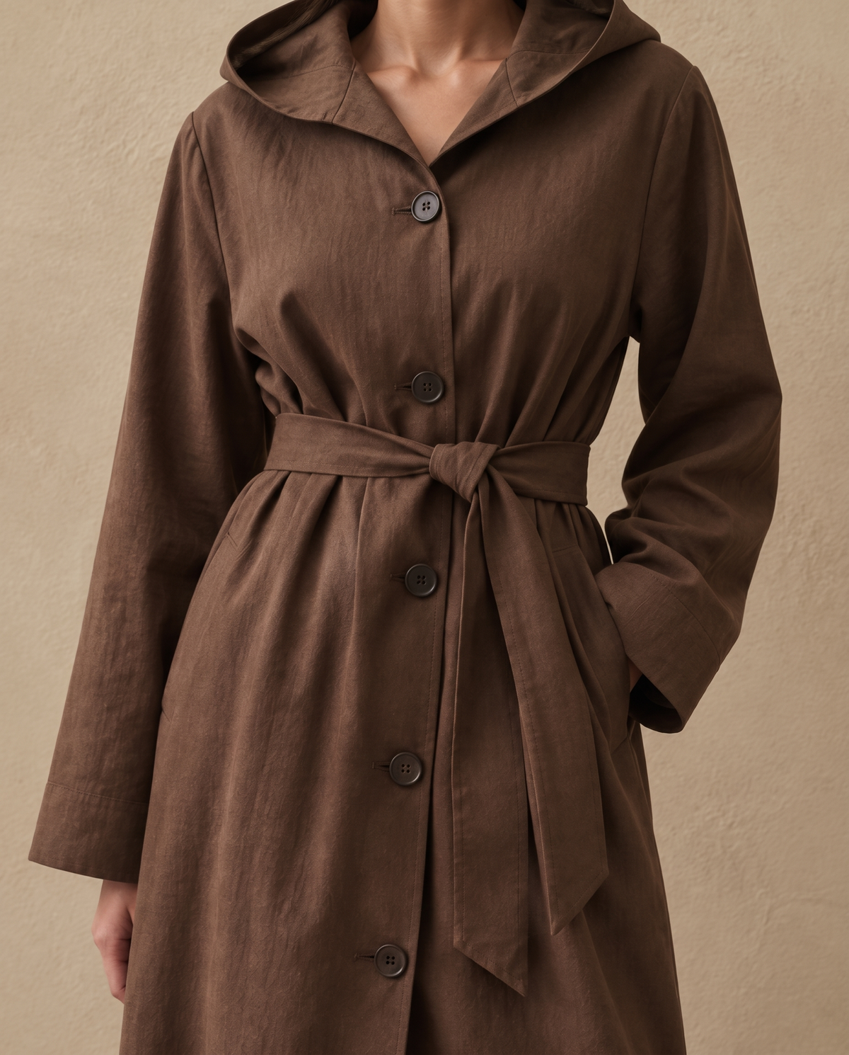 Hooded Single-Breasted Trench Coat — hood, buttons and belt detail