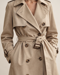 Classic Double-Breasted Belted Trench Coat — lapel, buttons and belt detail
