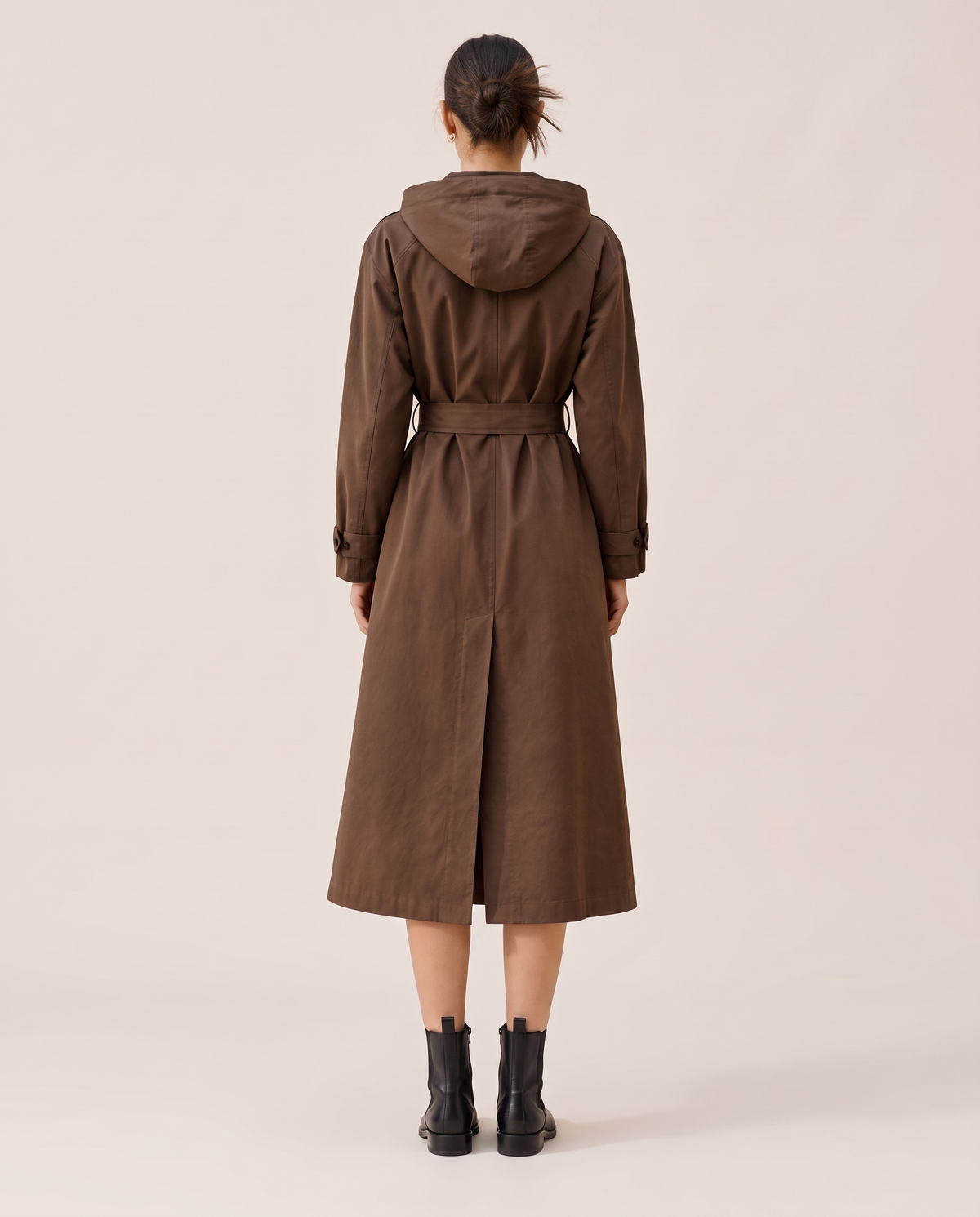Hooded Single-Breasted Trench Coat — studio back