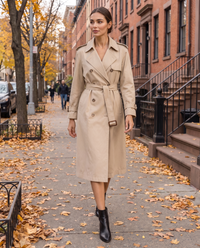 Classic Double-Breasted Belted Trench Coat — worn on a New York street in autumn