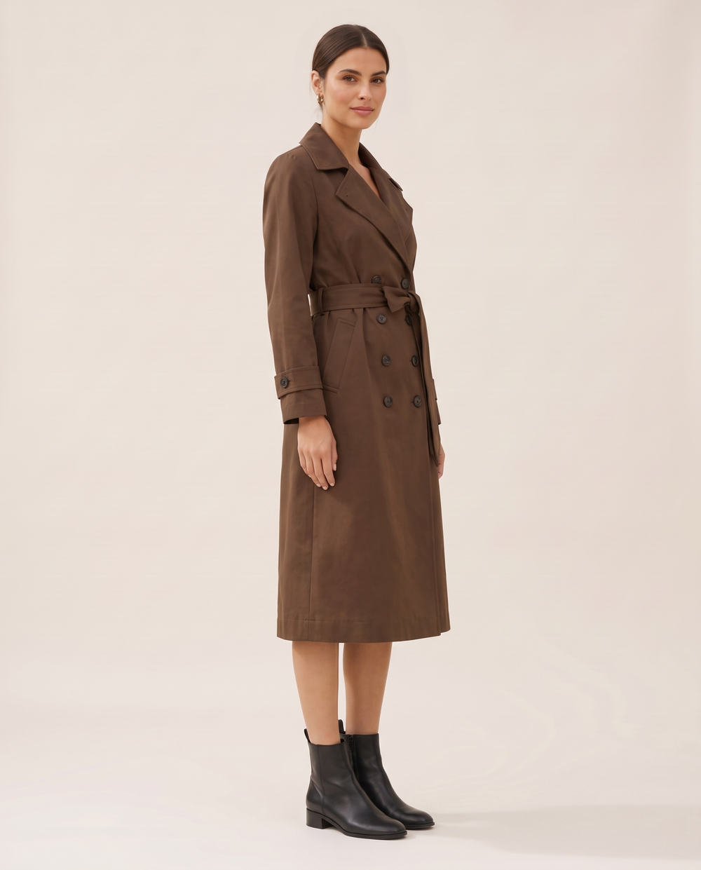 Brown Double-Breasted Belted Trench Coat — three-quarter view
