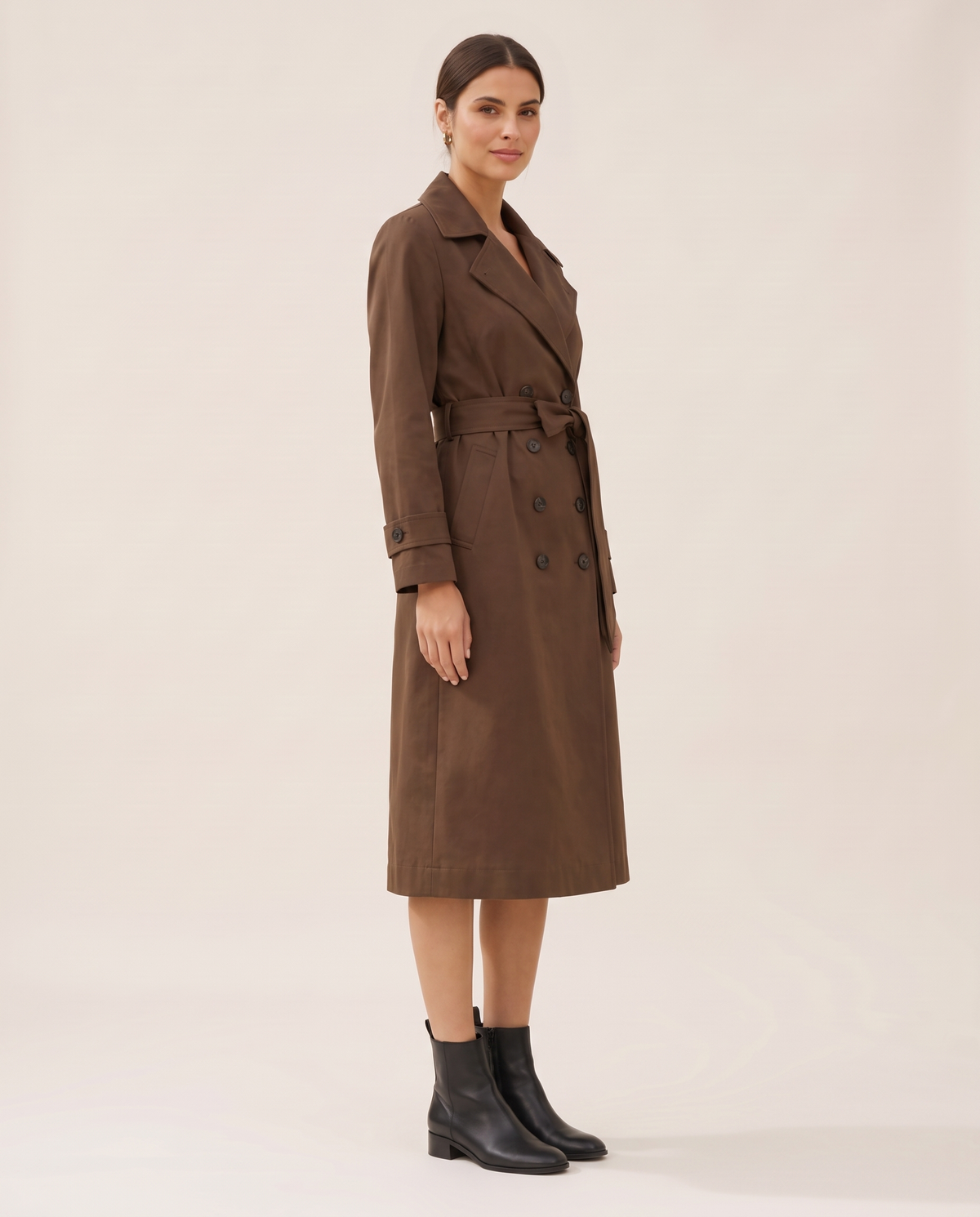 Brown Double-Breasted Belted Trench Coat — three-quarter view