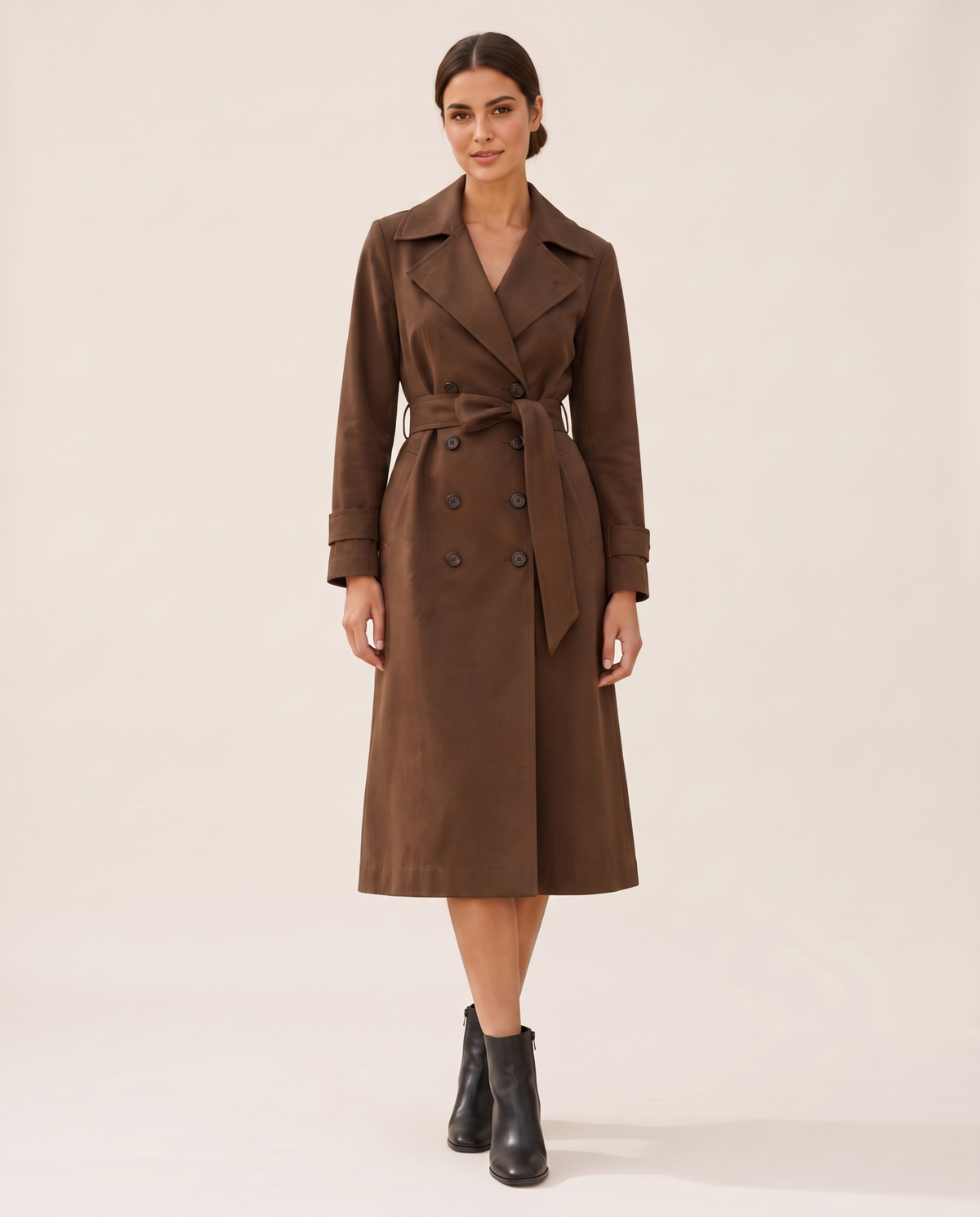 Brown Double-Breasted Belted Trench Coat — studio front, belted