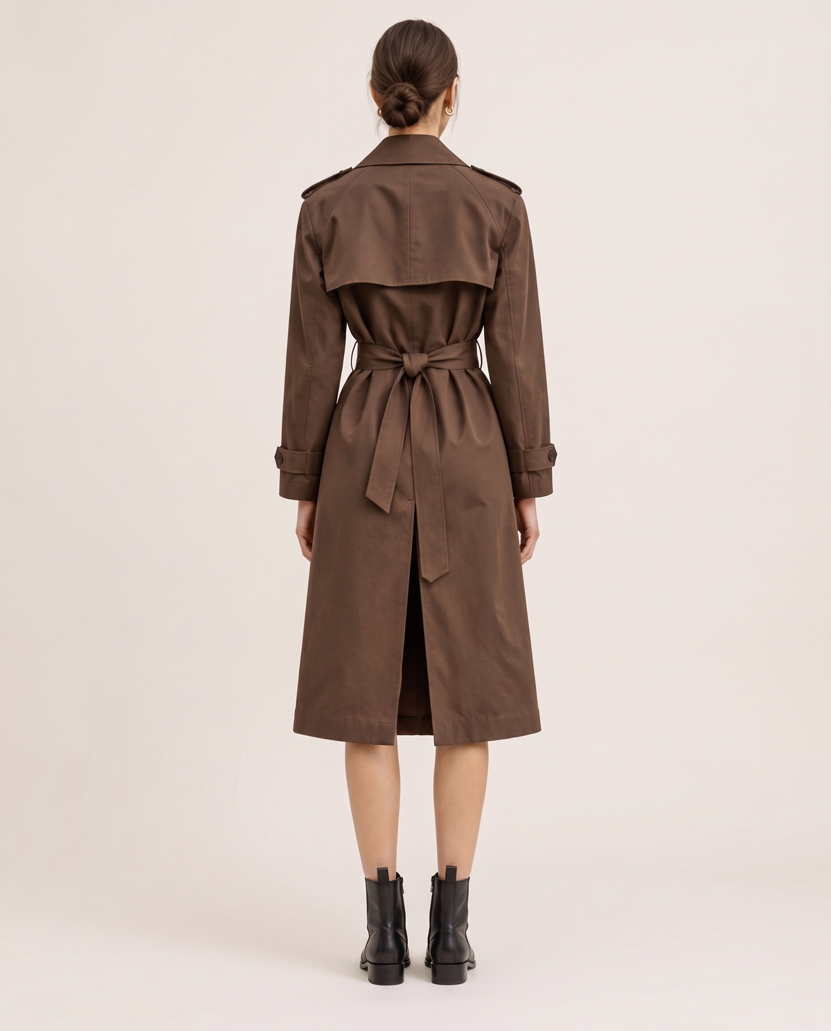 Brown Double-Breasted Belted Trench Coat — studio back