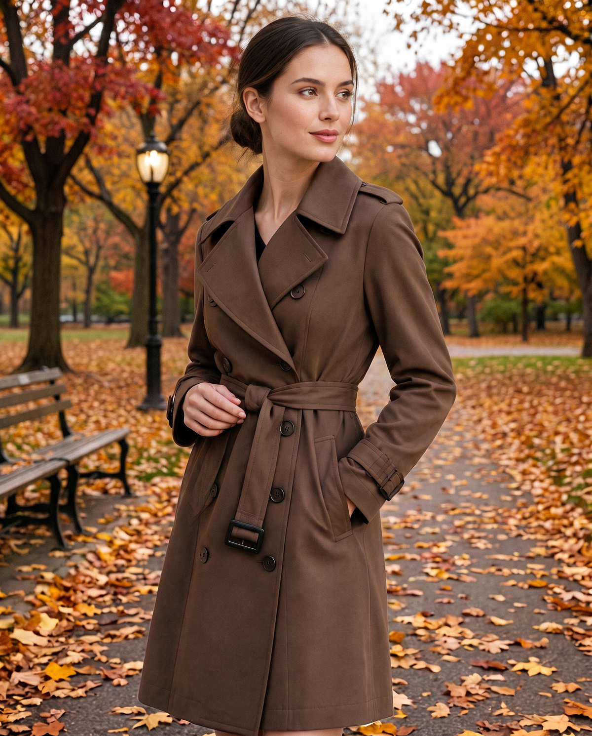 Brown Double-Breasted Belted Trench Coat — worn in Central Park in autumn