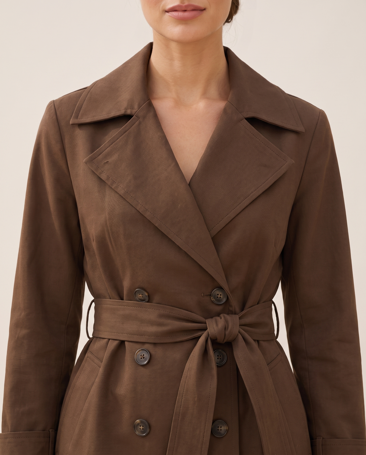 Brown Double-Breasted Belted Trench Coat — double-breasted front, worn