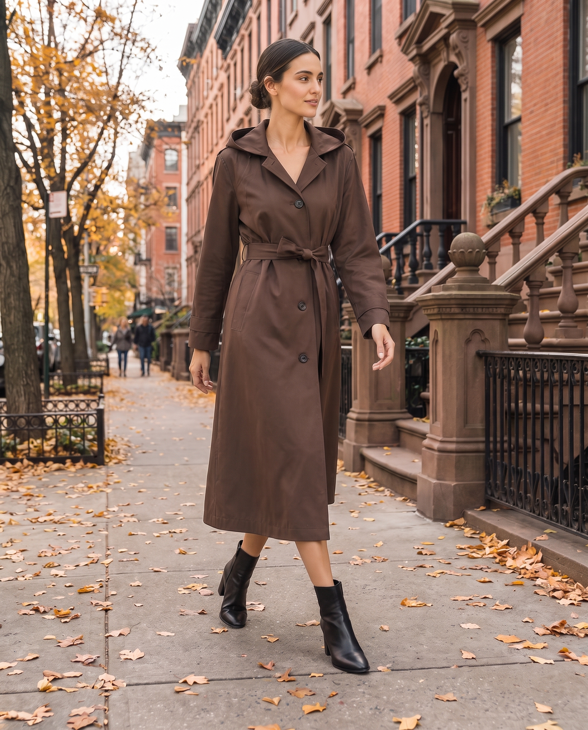 Hooded Single-Breasted Trench Coat — worn on a New York street in autumn