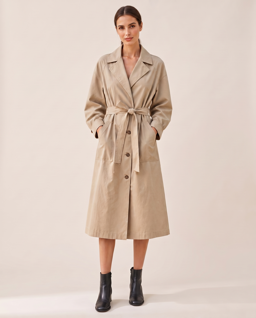 Cropped Vintage Trench Coat for Women — studio front, belted