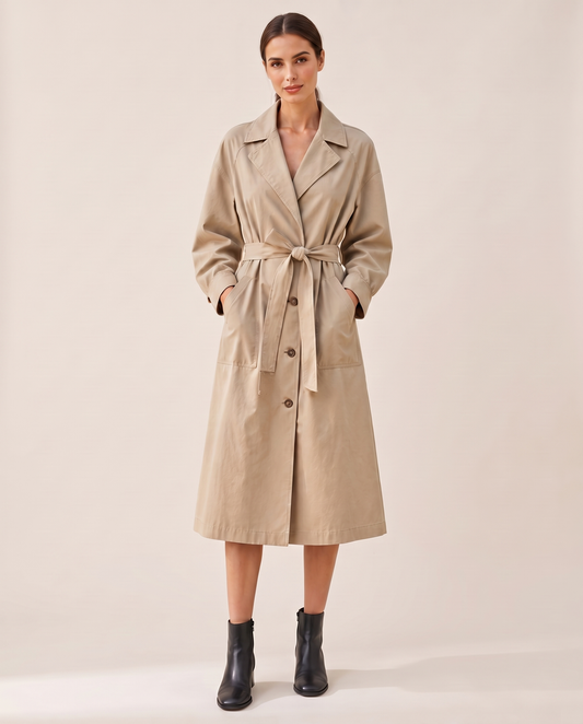 Cropped Vintage Trench Coat for Women — studio front, belted