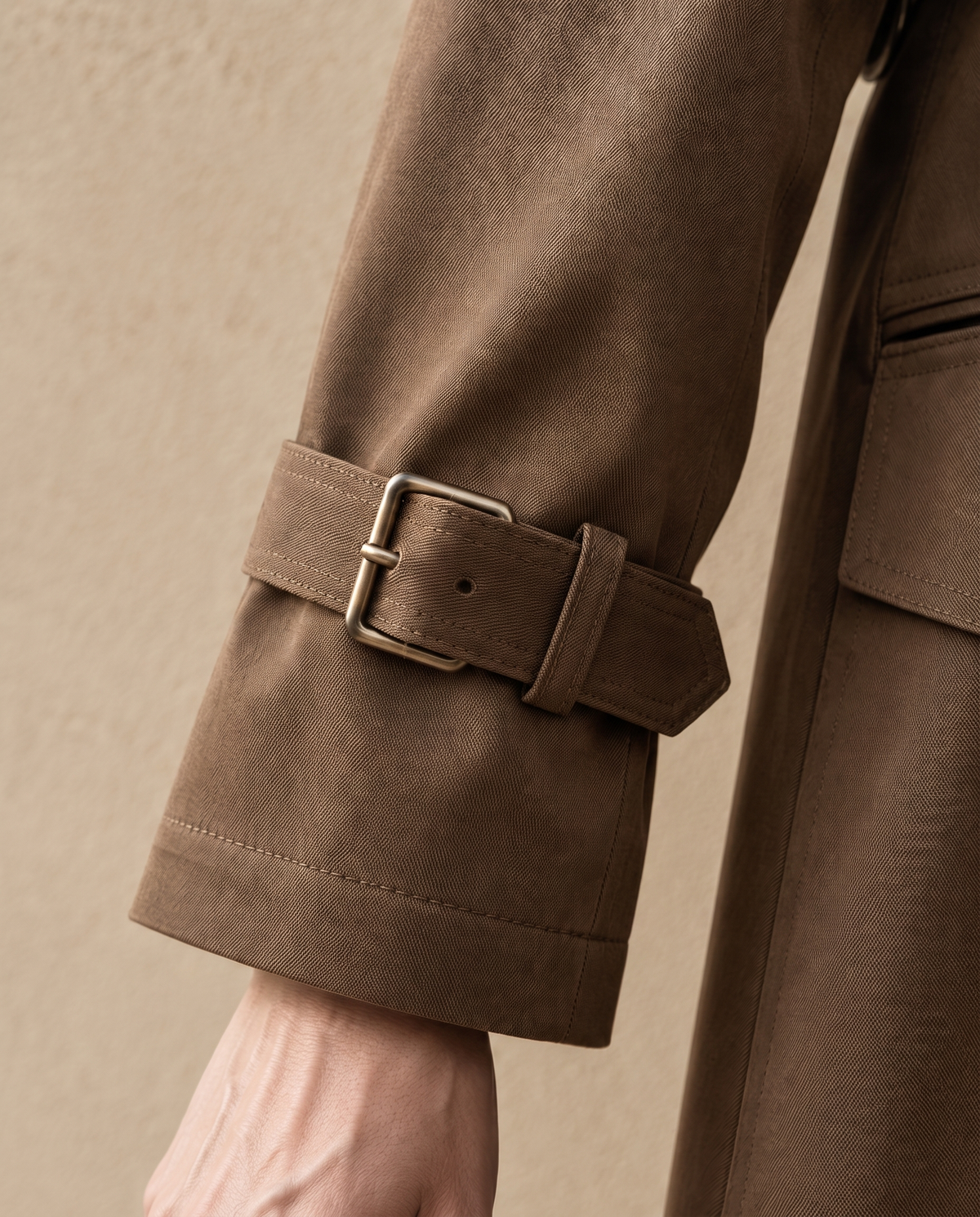 Brown Double-Breasted Belted Trench Coat — buckled cuff strap detail