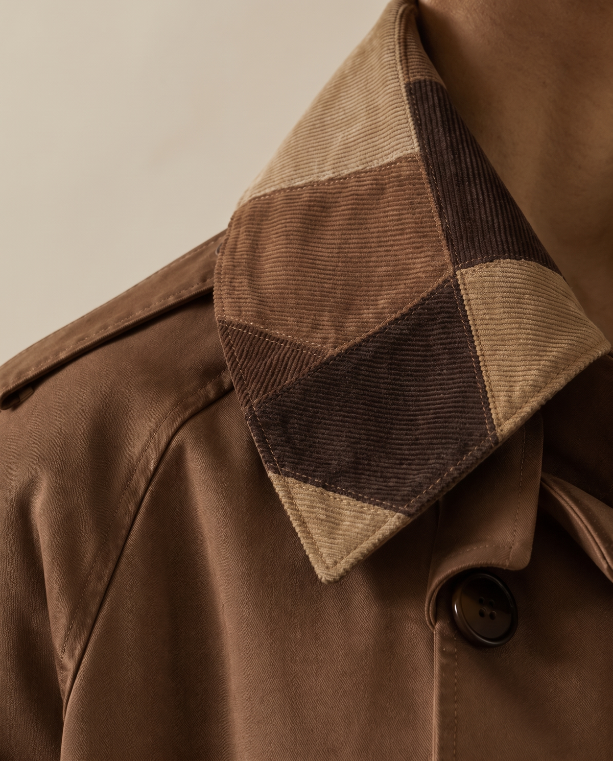 Long Leather-Effect Trench Coat with Patchwork Collar — patchwork corduroy collar detail