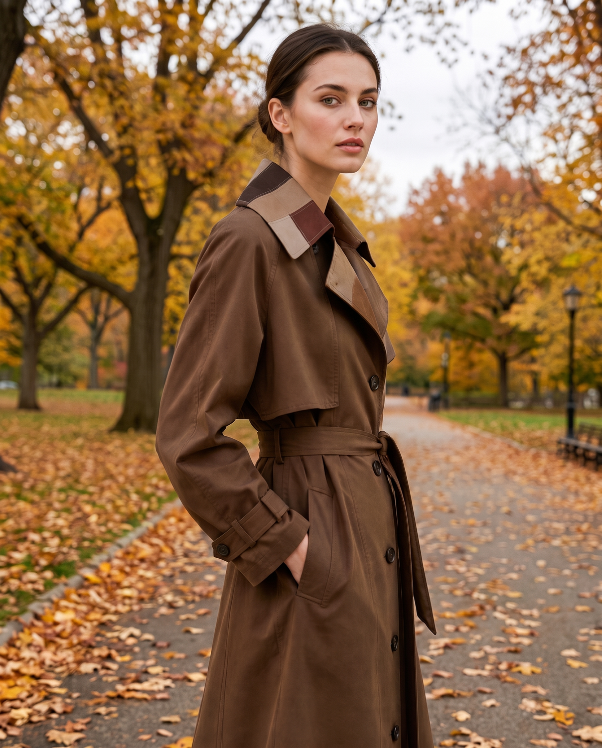 Long Leather-Effect Trench Coat with Patchwork Collar — worn in Central Park in autumn