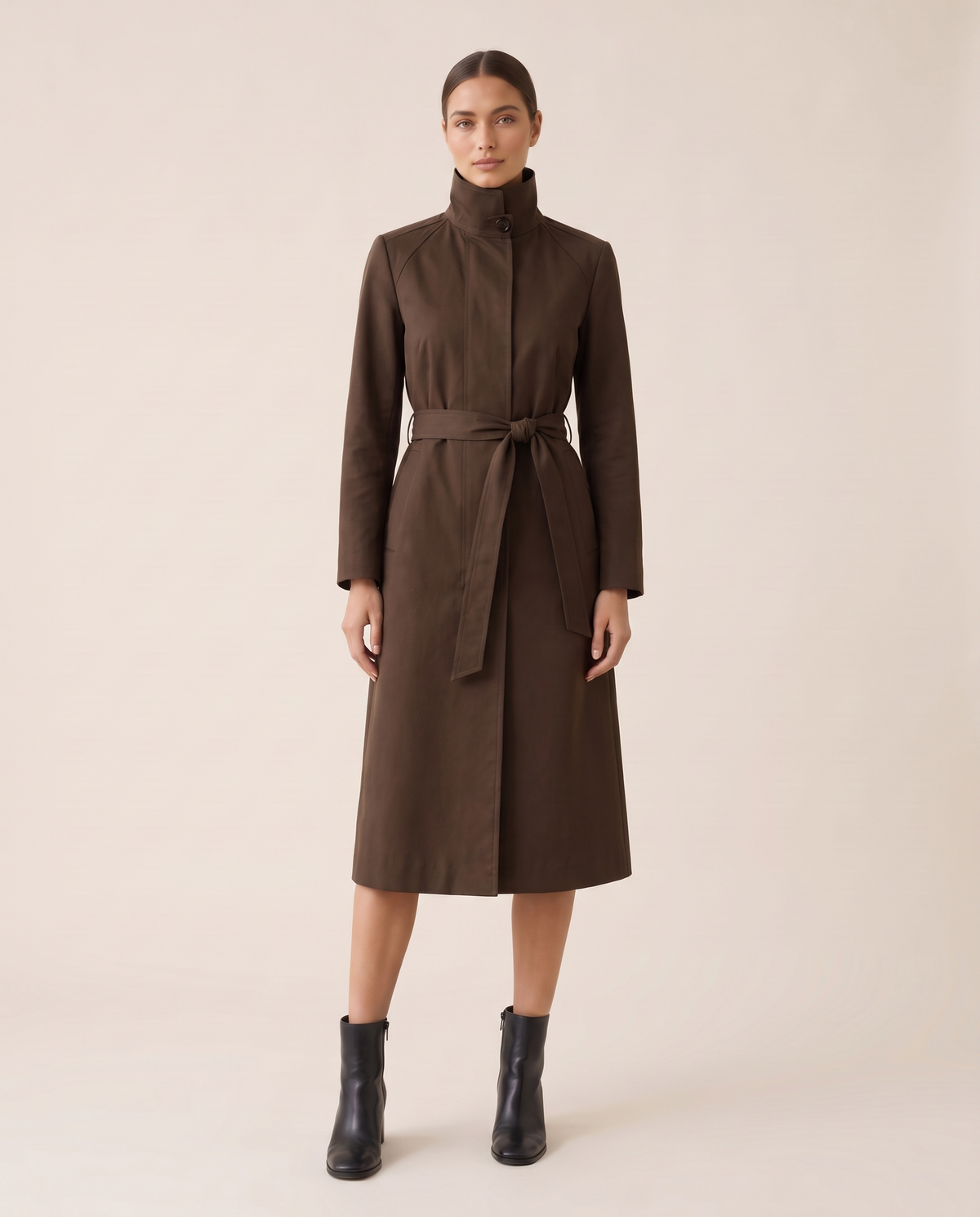 Stand-Collar Trench Coat for Women — studio front, belted