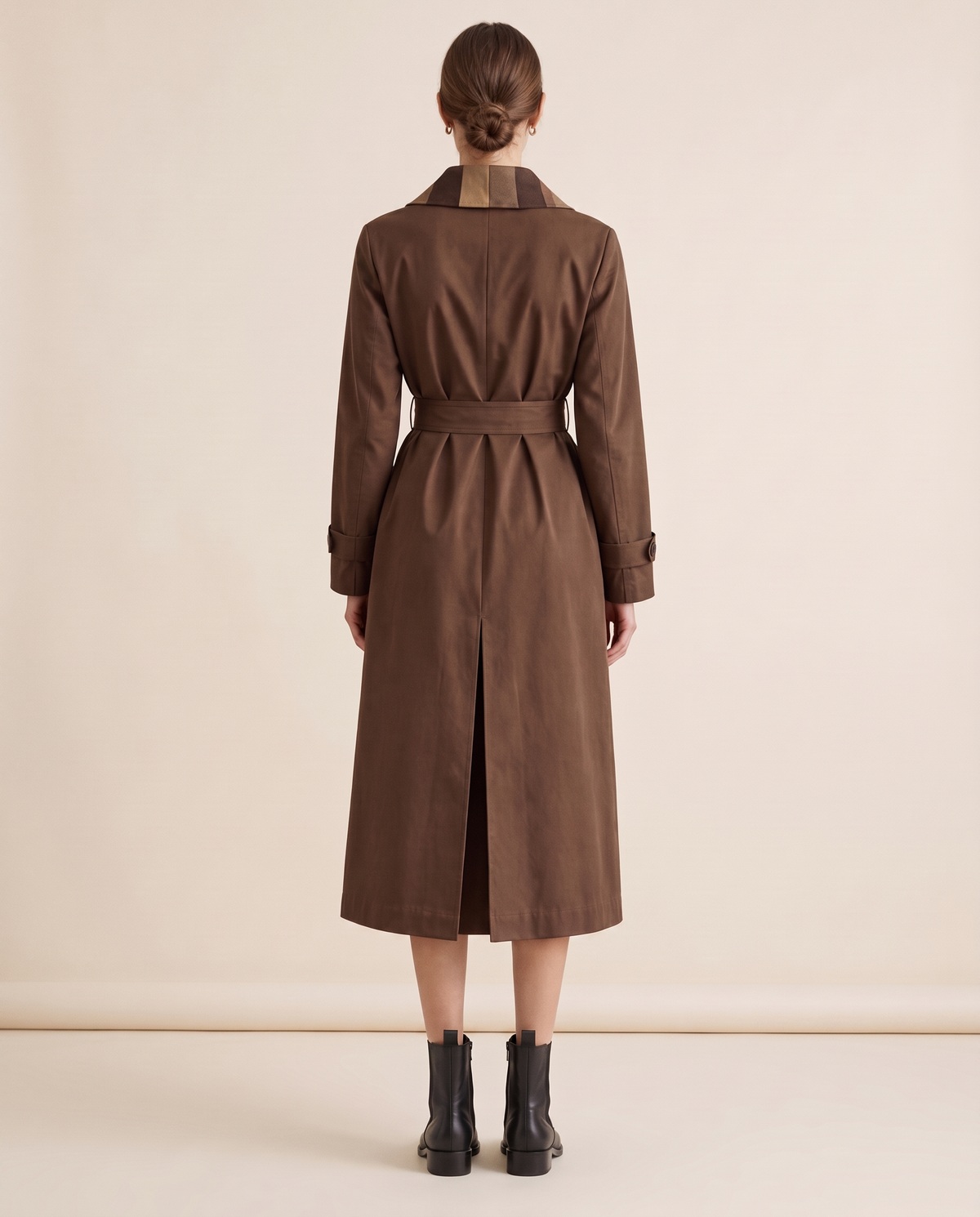 Long Leather-Effect Trench Coat with Patchwork Collar — studio back