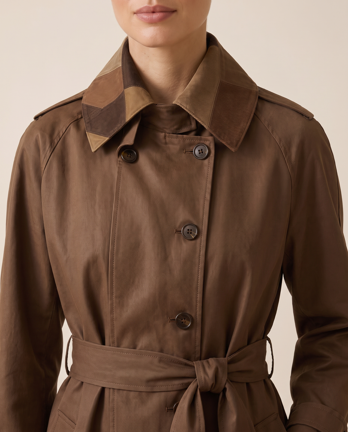 Long Leather-Effect Trench Coat with Patchwork Collar — collar and buttons, worn