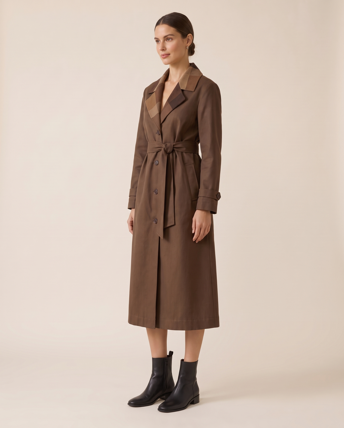 Long Leather-Effect Trench Coat with Patchwork Collar — three-quarter view