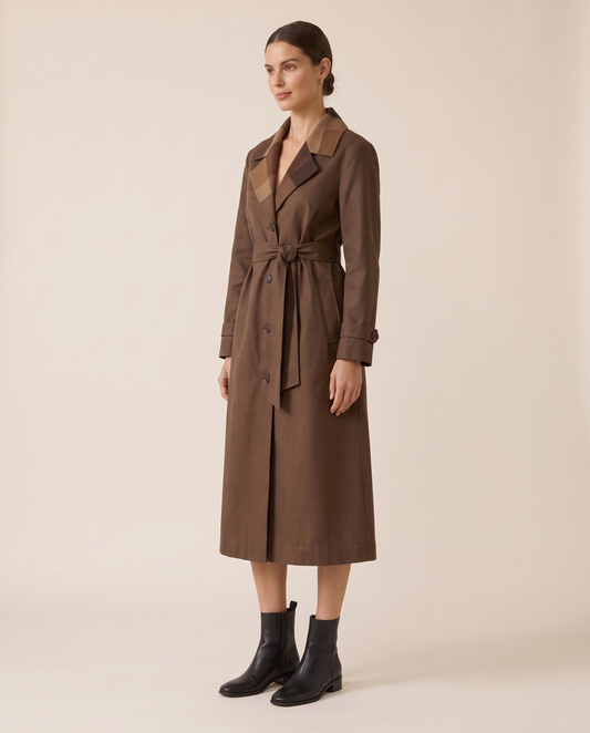 Long Leather-Effect Trench Coat with Patchwork Collar — three-quarter view