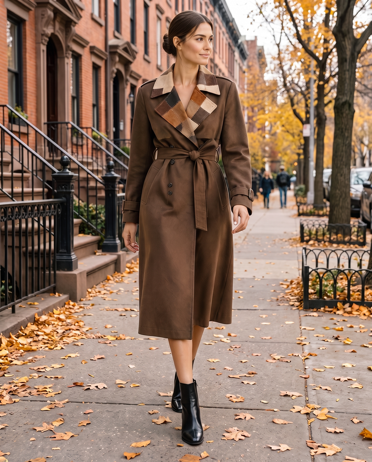 Long Leather-Effect Trench Coat with Patchwork Collar — worn on a New York street in autumn