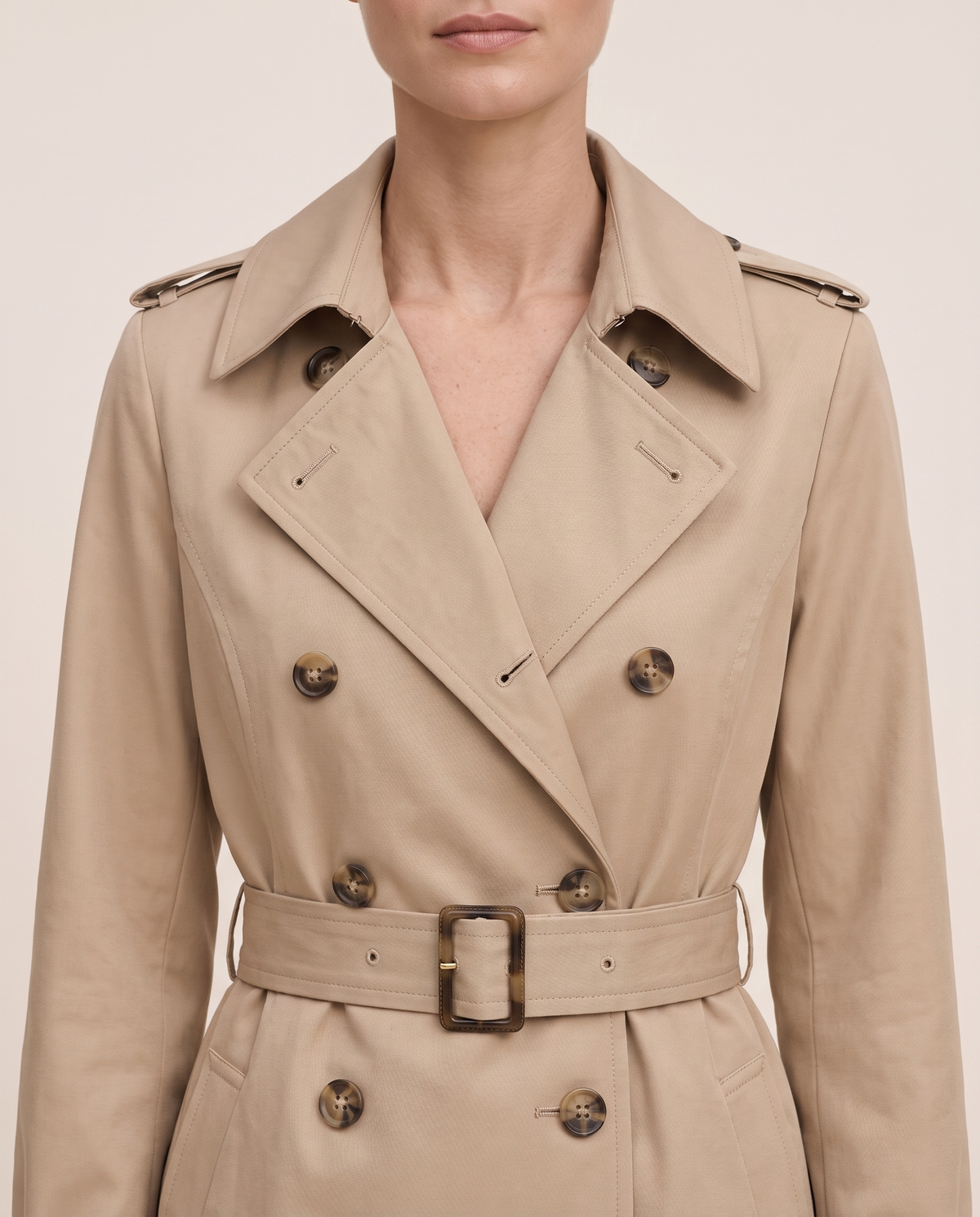 Mid-Length Double-Breasted Belted Trench Coat — double-breasted front, worn
