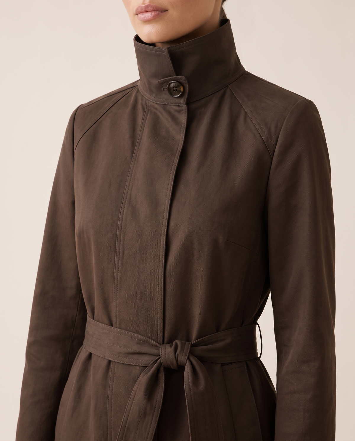 Stand-Collar Trench Coat for Women — collar and belt, worn