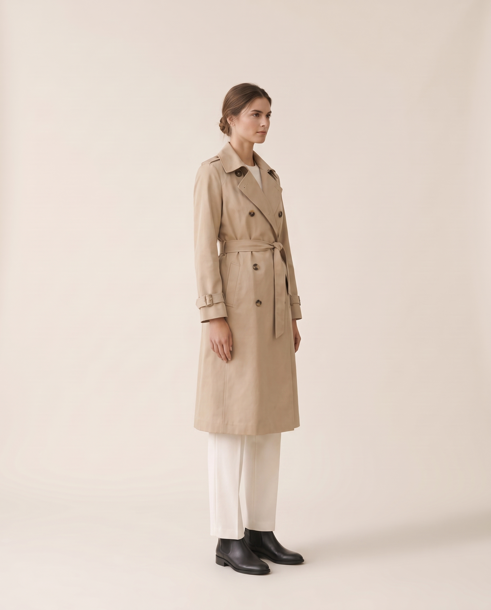 Mid-Length Double-Breasted Belted Trench Coat — three-quarter view