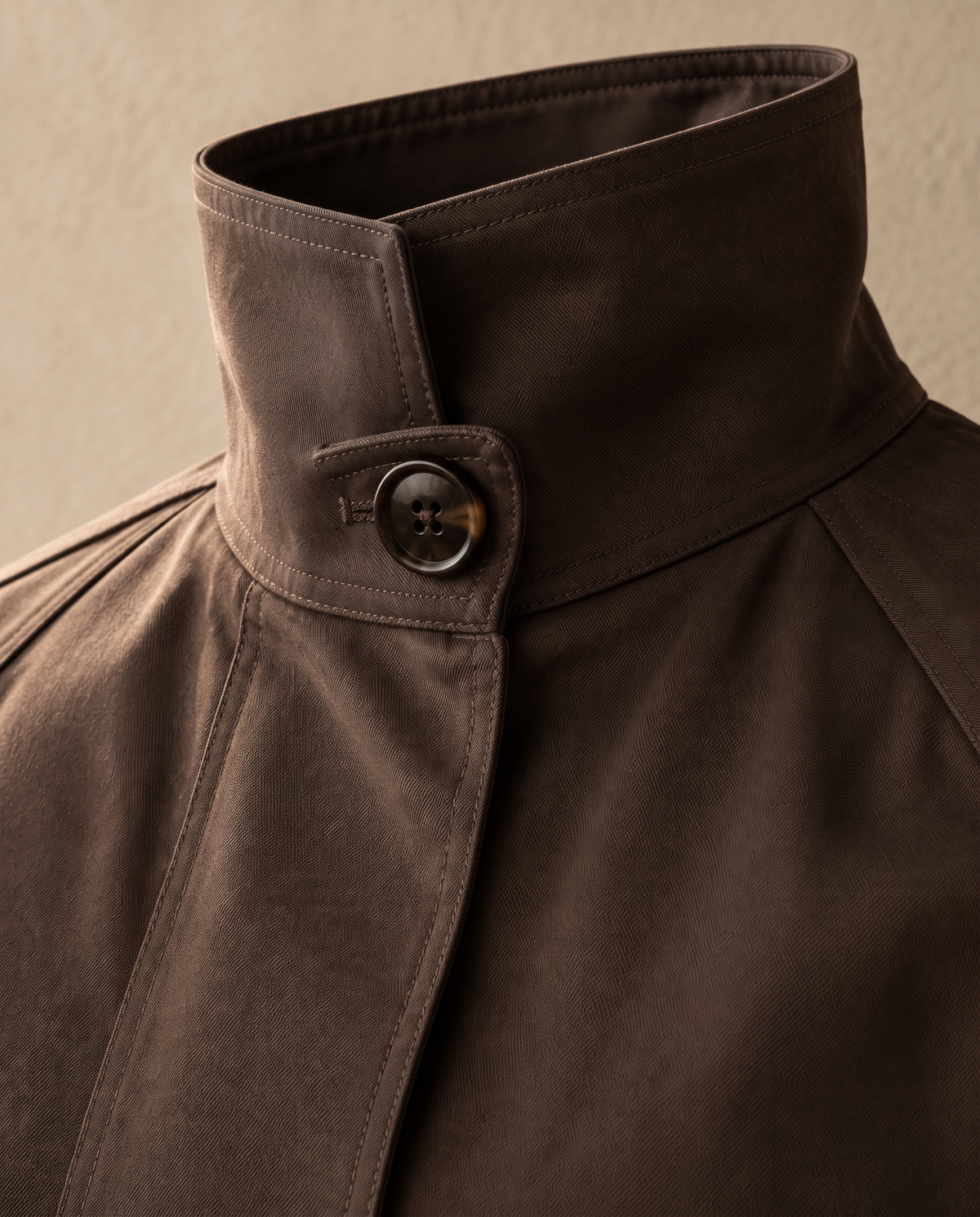 Stand-Collar Trench Coat for Women — stand collar and button tab detail