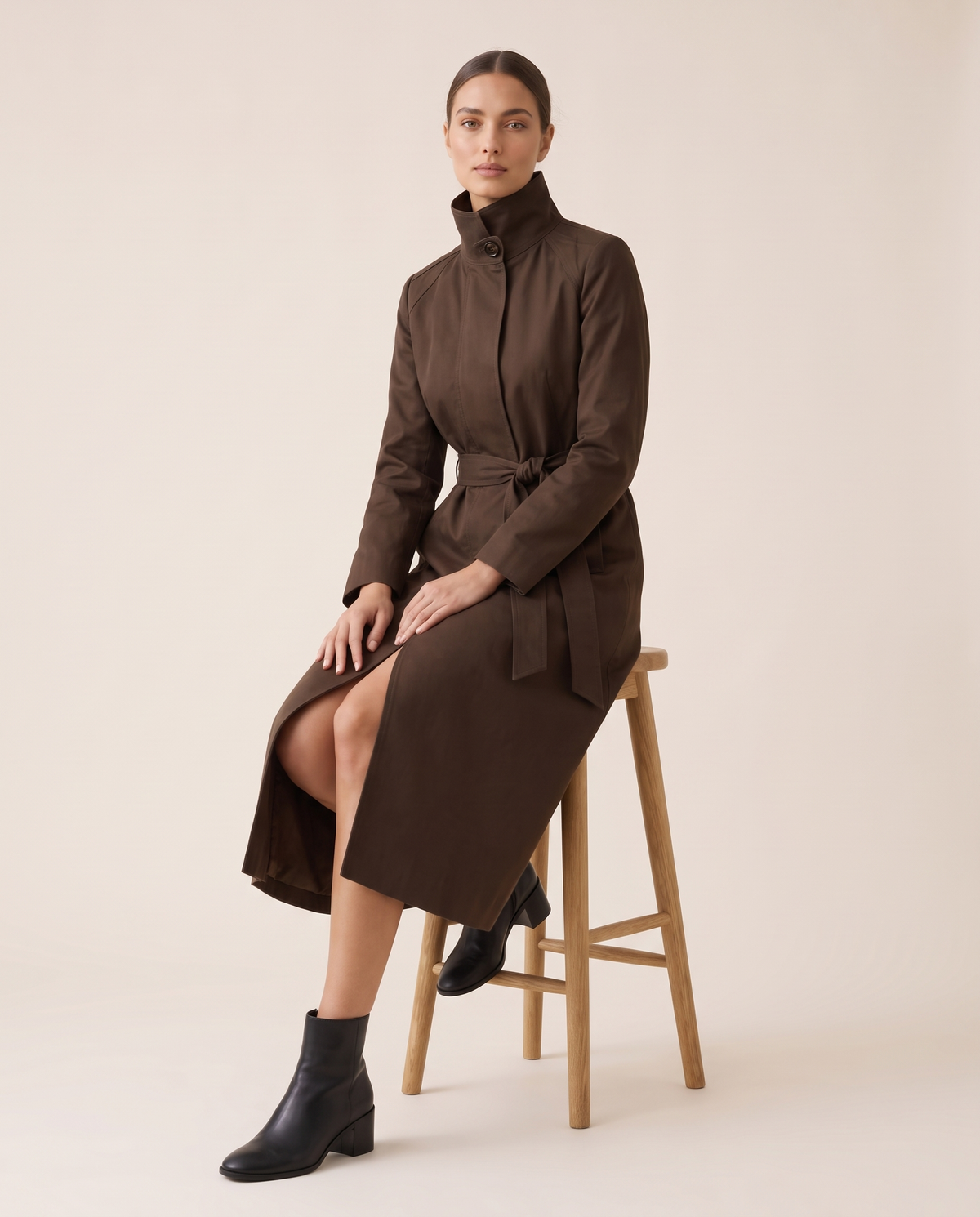 Stand-Collar Trench Coat for Women — worn seated
