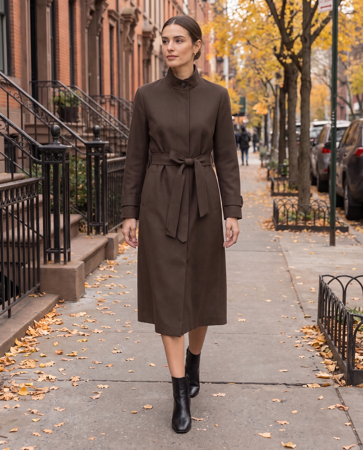 Stand-Collar Trench Coat for Women — worn on a New York street in autumn