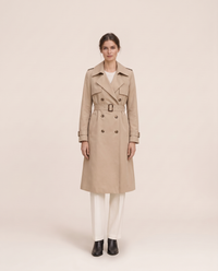 Mid-Length Double-Breasted Belted Trench Coat — studio front, belted