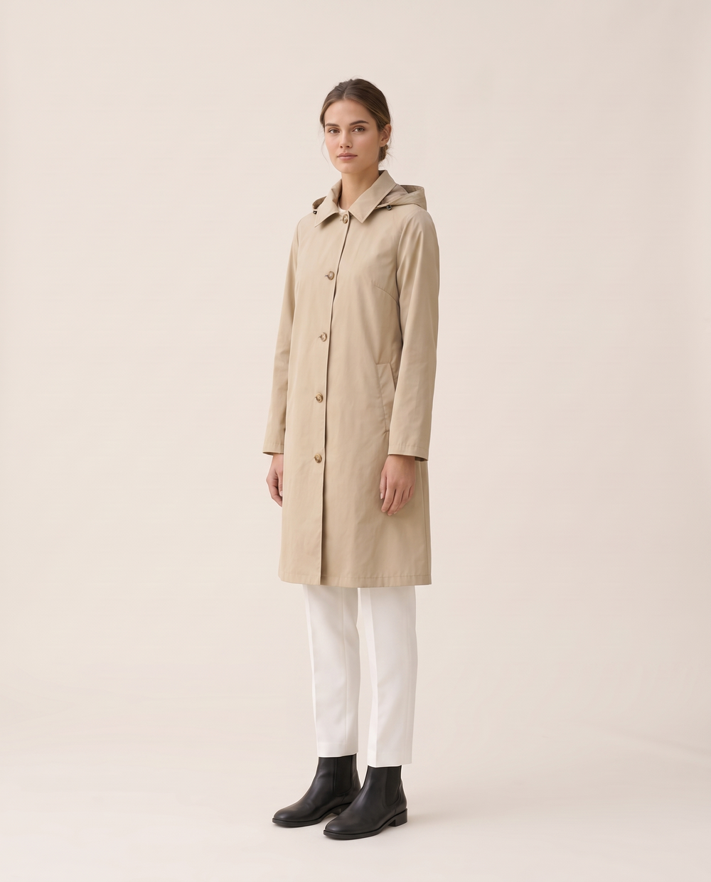 Lightweight Waterproof Trench Coat with Hood — three-quarter view
