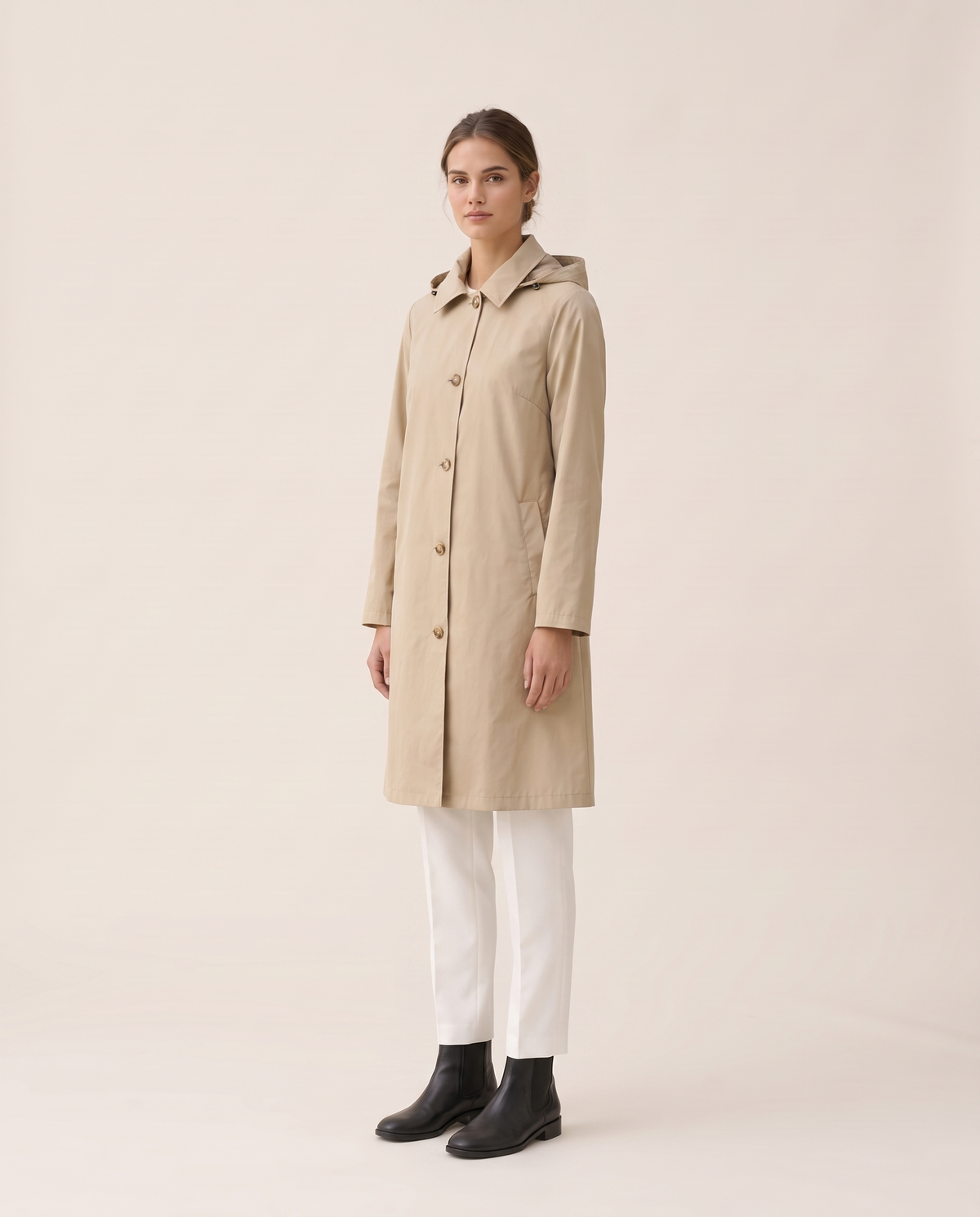 Lightweight Waterproof Trench Coat with Hood — three-quarter view