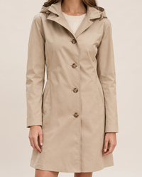 Lightweight Waterproof Trench Coat with Hood — hood and button front detail