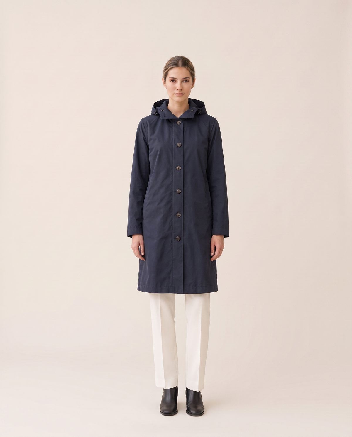 Lightweight Waterproof Trench Coat with Hood — navy, studio front