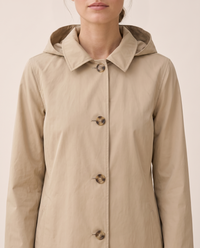 Lightweight Waterproof Trench Coat with Hood — hood and buttons, worn