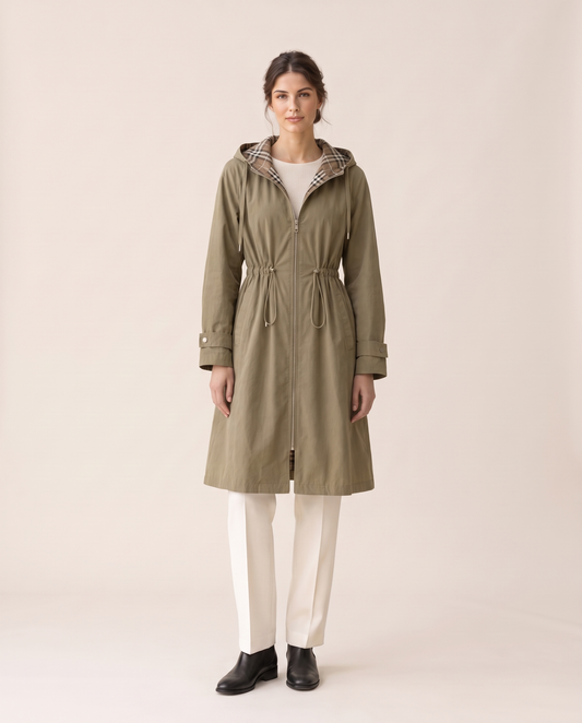 Hooded Trench Coat with Plaid Lining — studio front